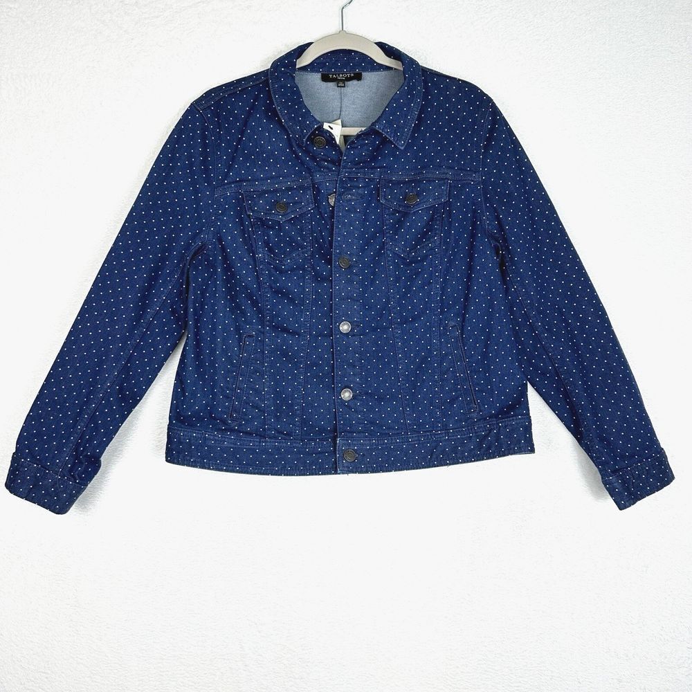 Talbots Denim Jean Jacket NWT Womens Petite Large Blue White Polka Dots
